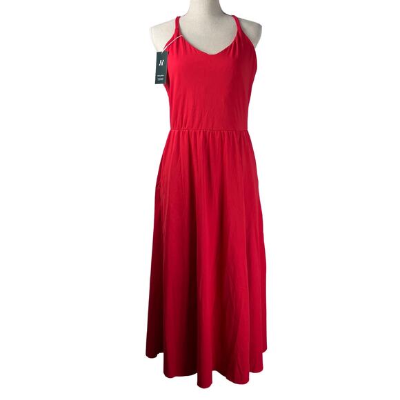HALARA Dresses & Skirts - NEW Halara Red Midi Dress XL Built-In Bra Pockets Side Slit Athleisure